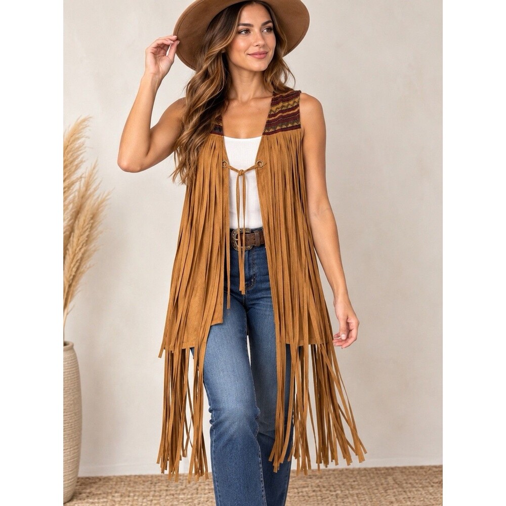 Addie Women’s Medium Brown Faux Suede Fringe Vest Boho Western Southwestern